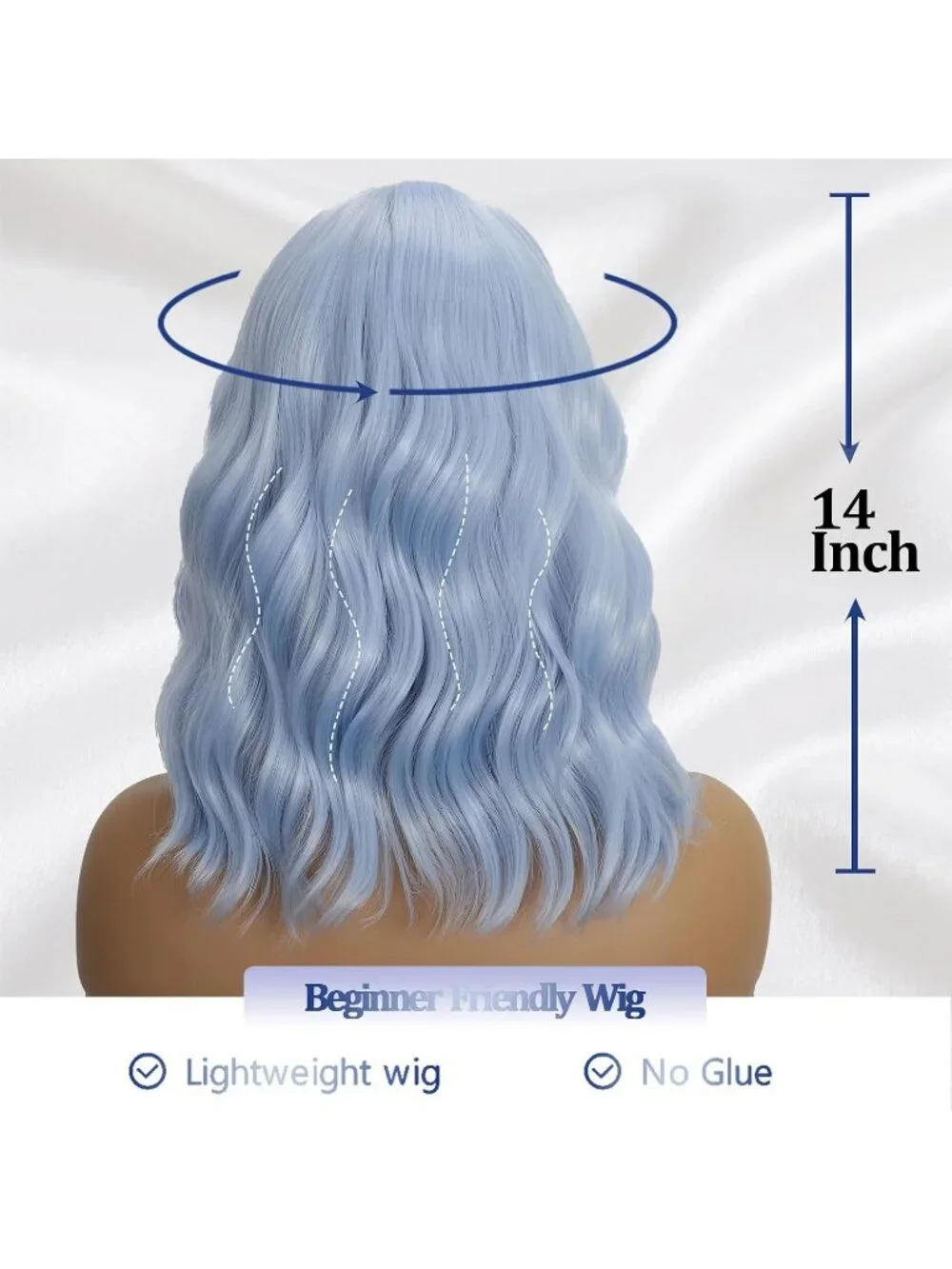 Women's Light Blue 14 Inch Heat Resistant Synthetic Short Wavy Bob Wigs Bangs